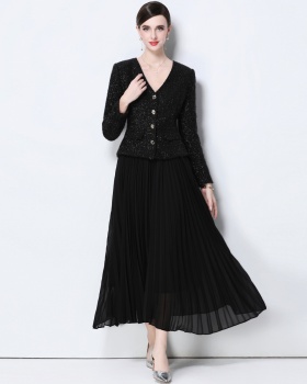 Chanelstyle long skirt shoulder pads coat 2pcs set