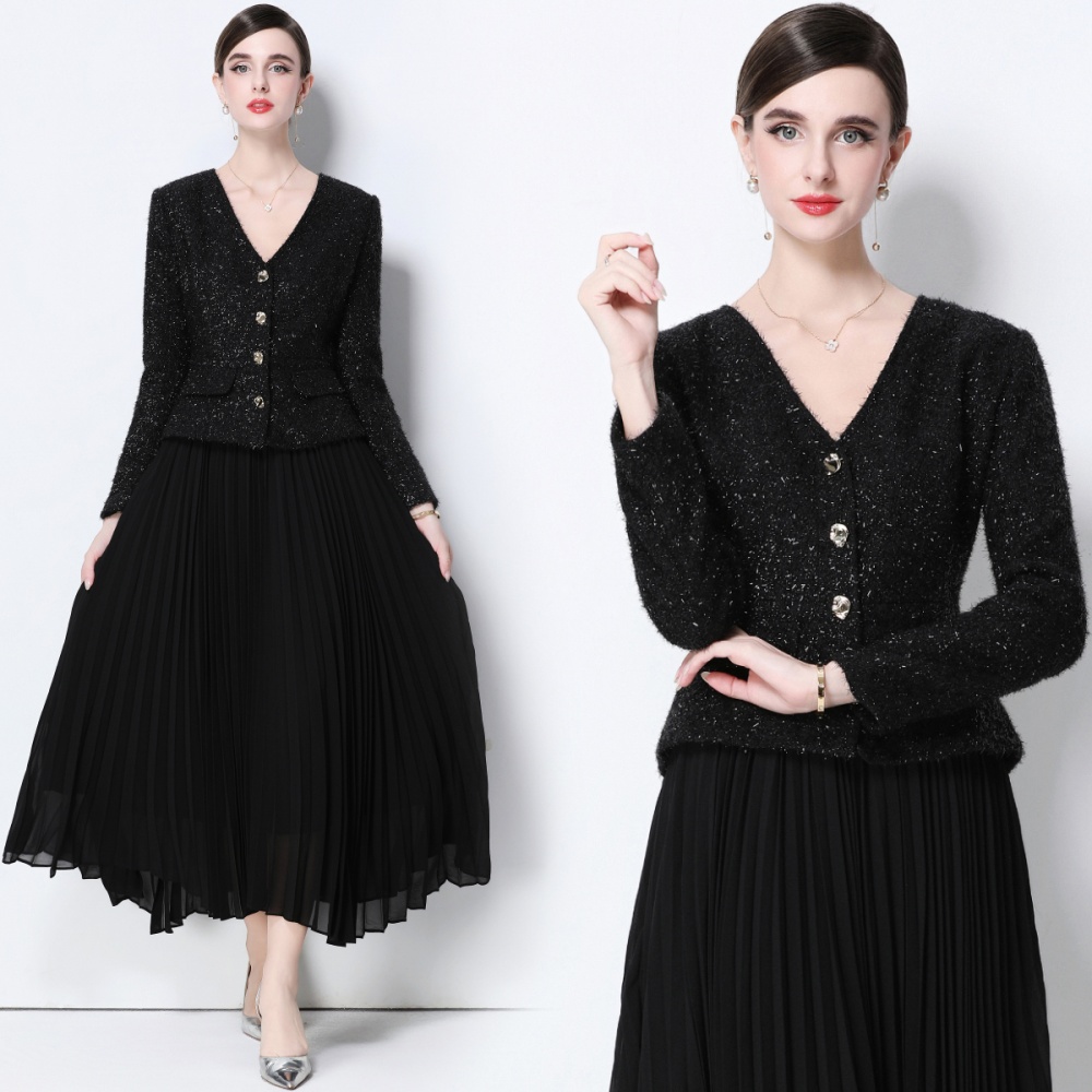 Chanelstyle long skirt shoulder pads coat 2pcs set