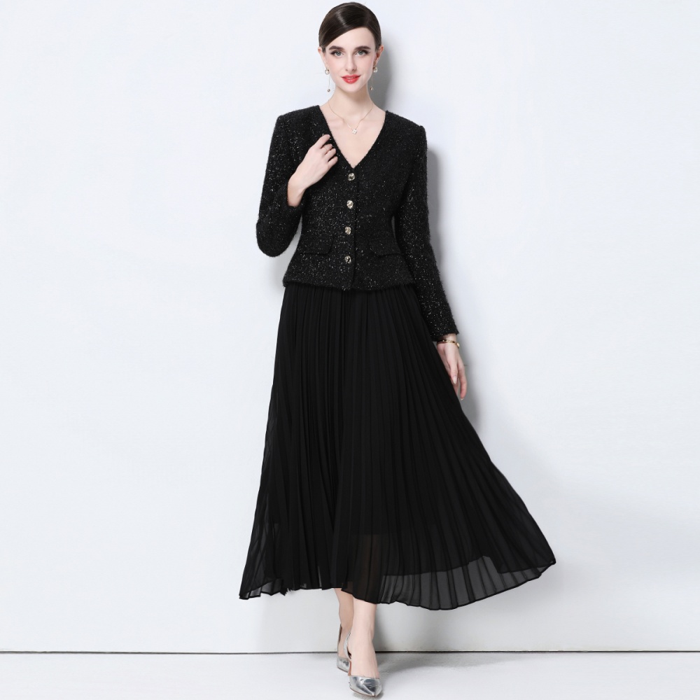 Chanelstyle long skirt shoulder pads coat 2pcs set
