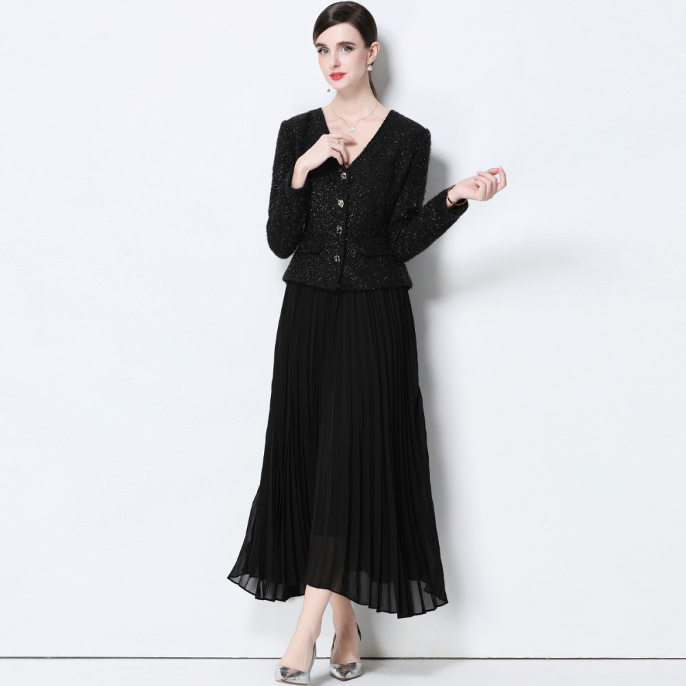 Chanelstyle long skirt shoulder pads coat 2pcs set