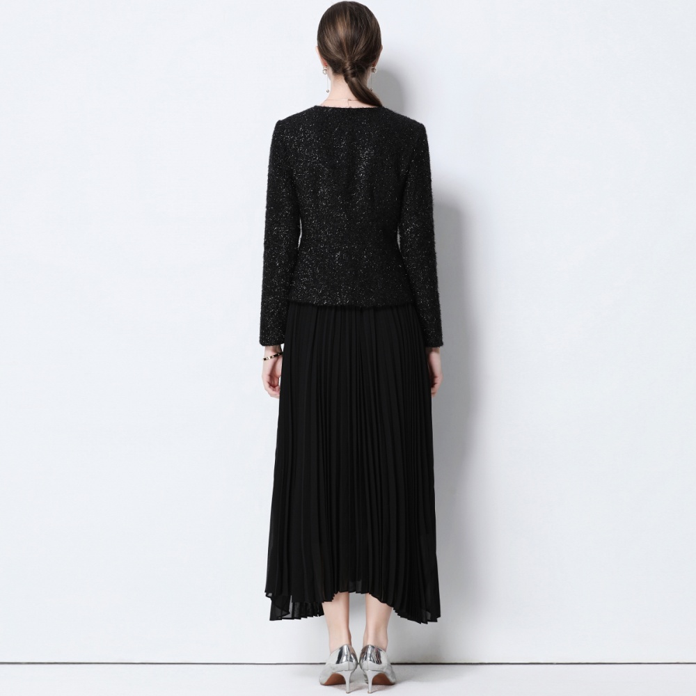 Chanelstyle long skirt shoulder pads coat 2pcs set