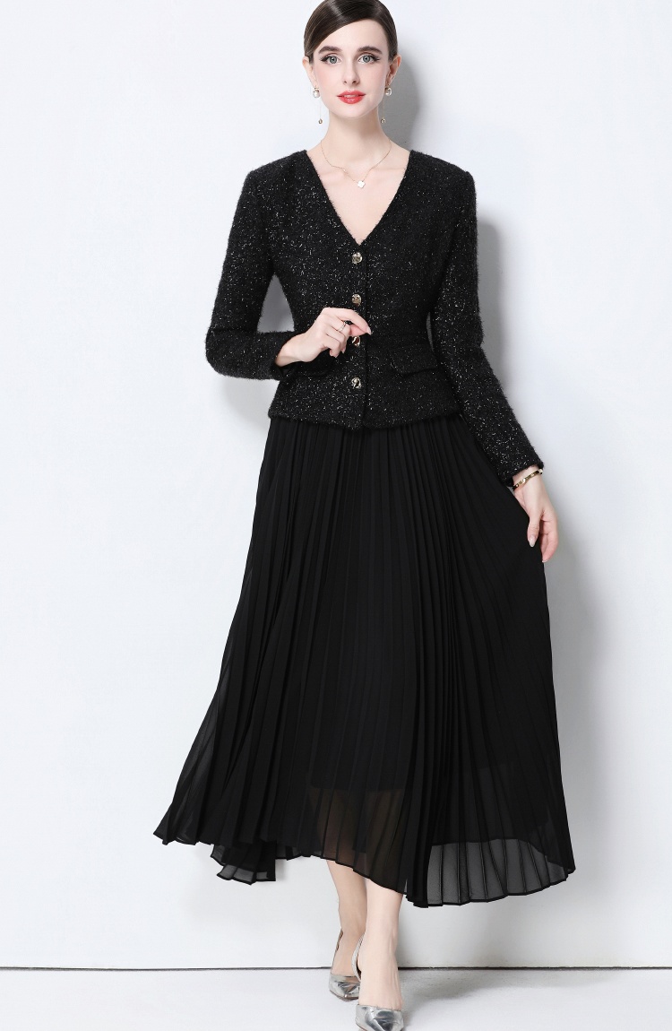 Chanelstyle long skirt shoulder pads coat 2pcs set