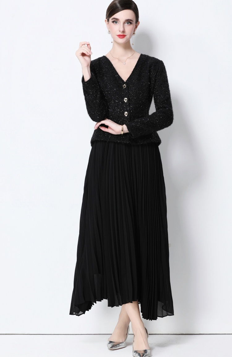Chanelstyle long skirt shoulder pads coat 2pcs set