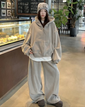 Loose wide leg pants retro hoodie 2pcs set for women