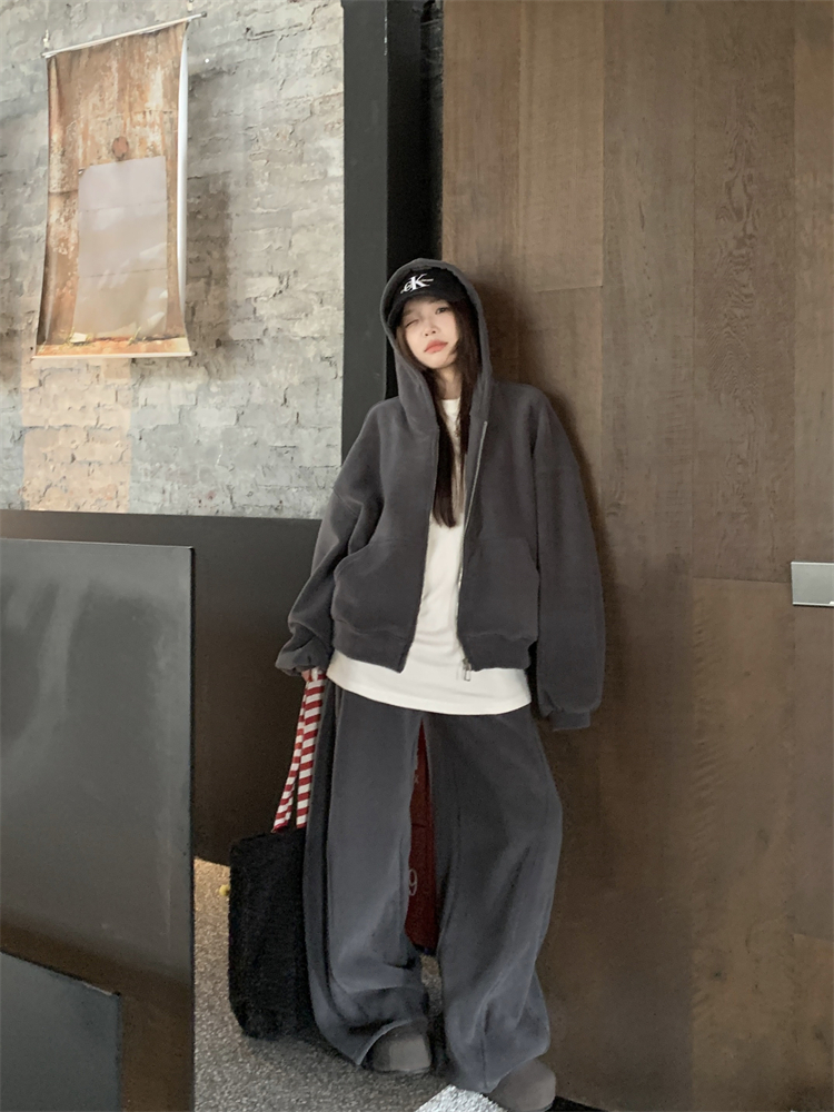 Loose wide leg pants retro hoodie 2pcs set for women