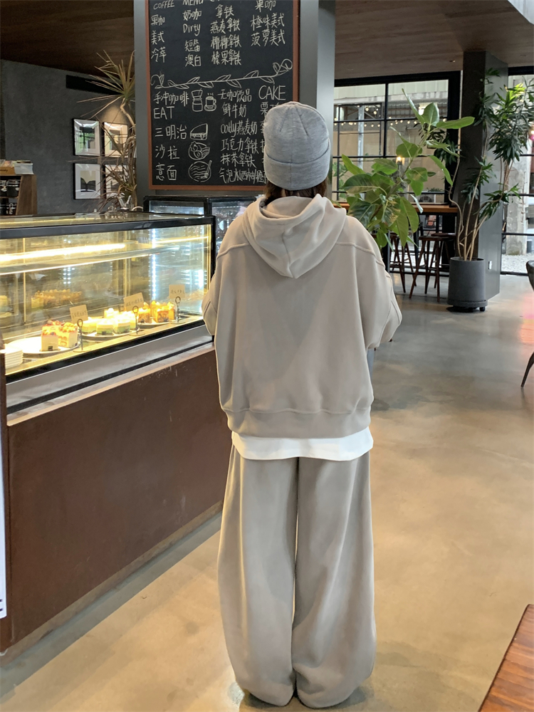 Loose wide leg pants retro hoodie 2pcs set for women