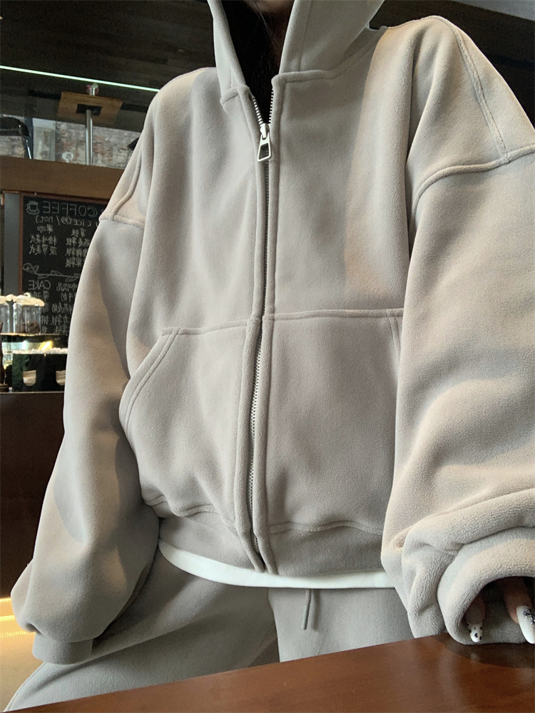 Loose wide leg pants retro hoodie 2pcs set for women