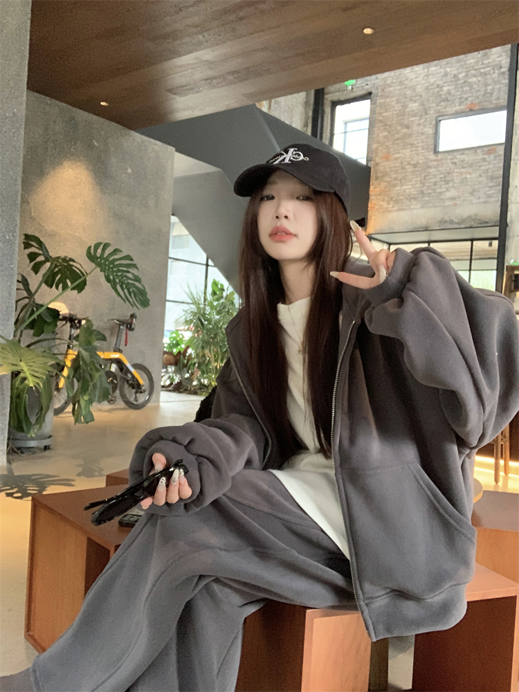 Loose wide leg pants retro hoodie 2pcs set for women