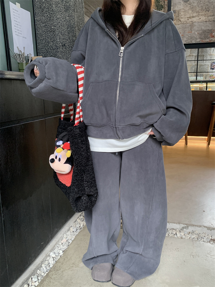 Loose wide leg pants retro hoodie 2pcs set for women