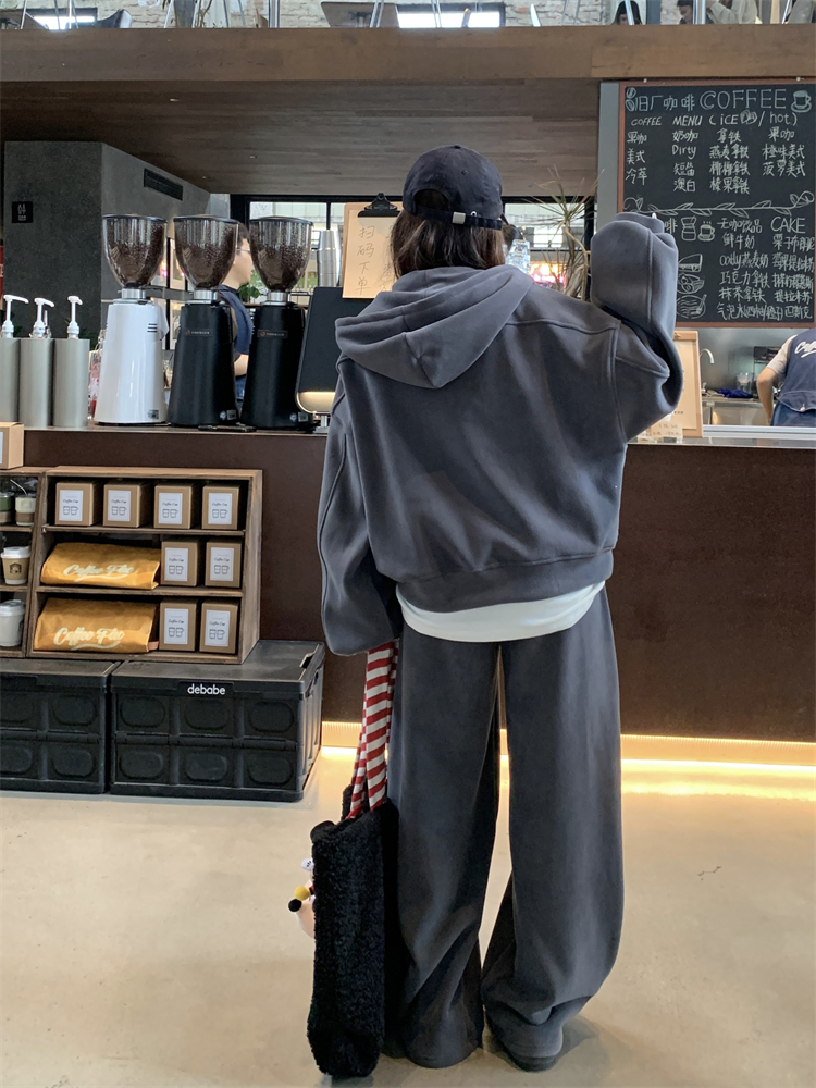 Loose wide leg pants retro hoodie 2pcs set for women