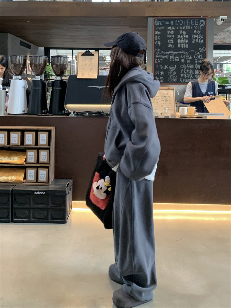 Loose wide leg pants retro hoodie 2pcs set for women