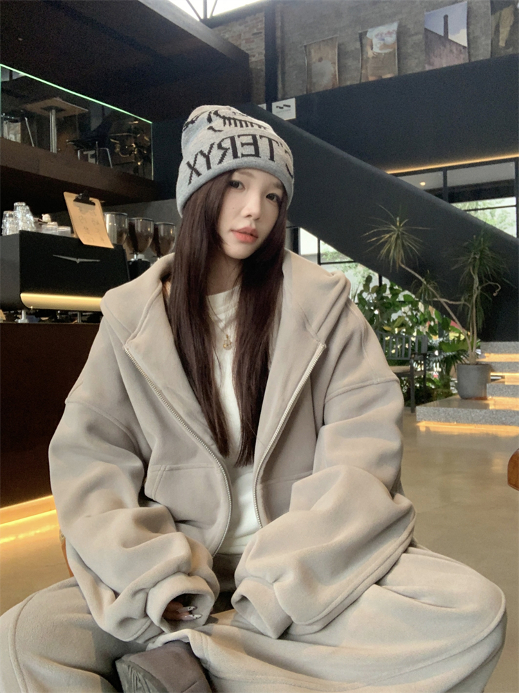 Loose wide leg pants retro hoodie 2pcs set for women