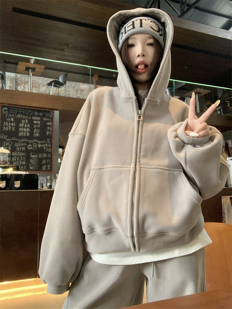 Loose wide leg pants retro hoodie 2pcs set for women