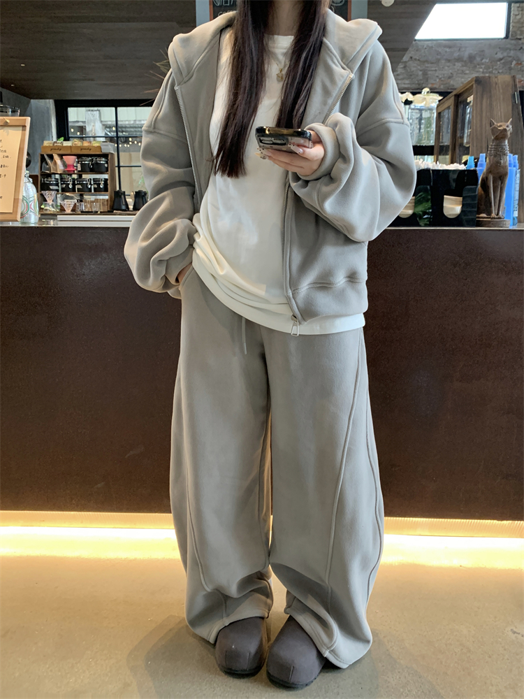 Loose wide leg pants retro hoodie 2pcs set for women