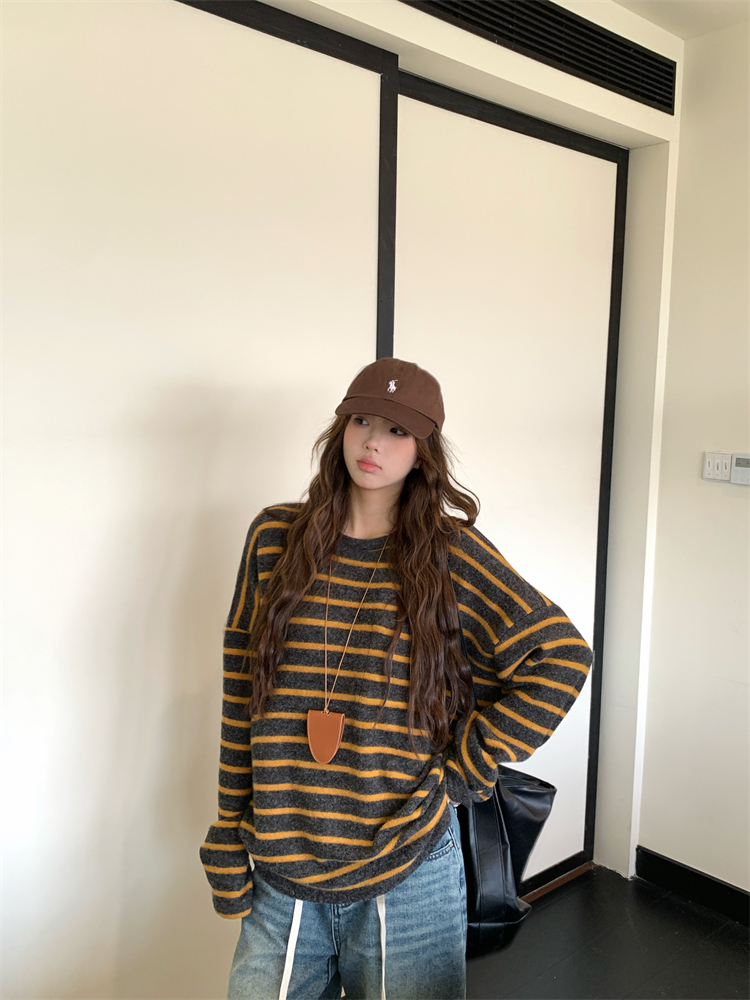 Stripe sueding tops Casual large yard T-shirt for women