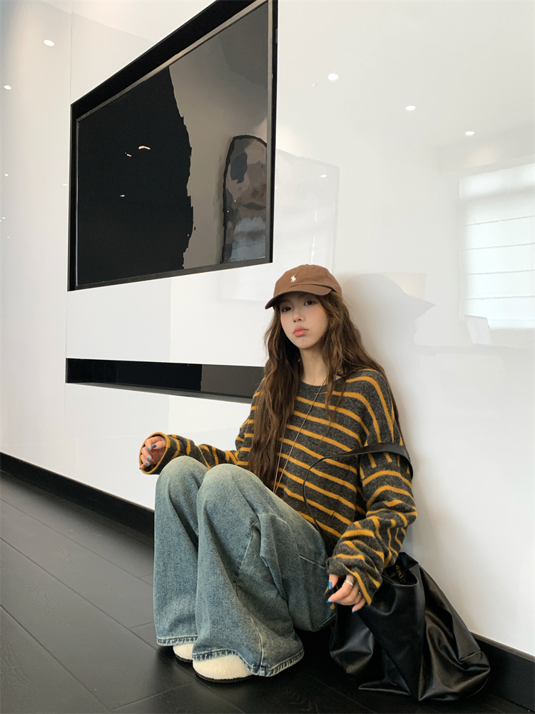 Stripe sueding tops Casual large yard T-shirt for women