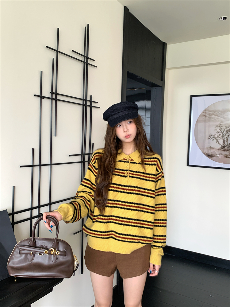 Large yard stripe autumn tops Korean style long sleeve sweater