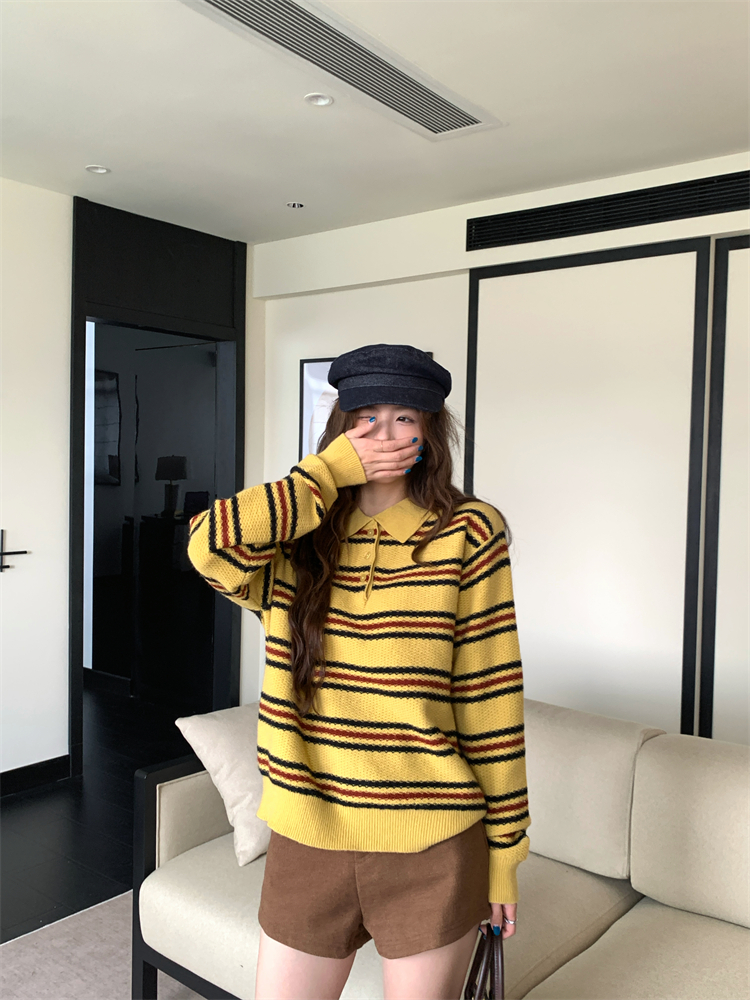 Large yard stripe autumn tops Korean style long sleeve sweater