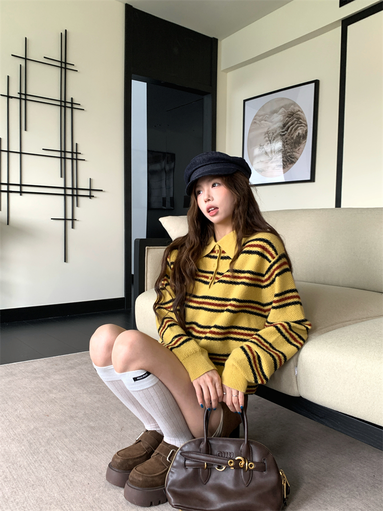 Large yard stripe autumn tops Korean style long sleeve sweater