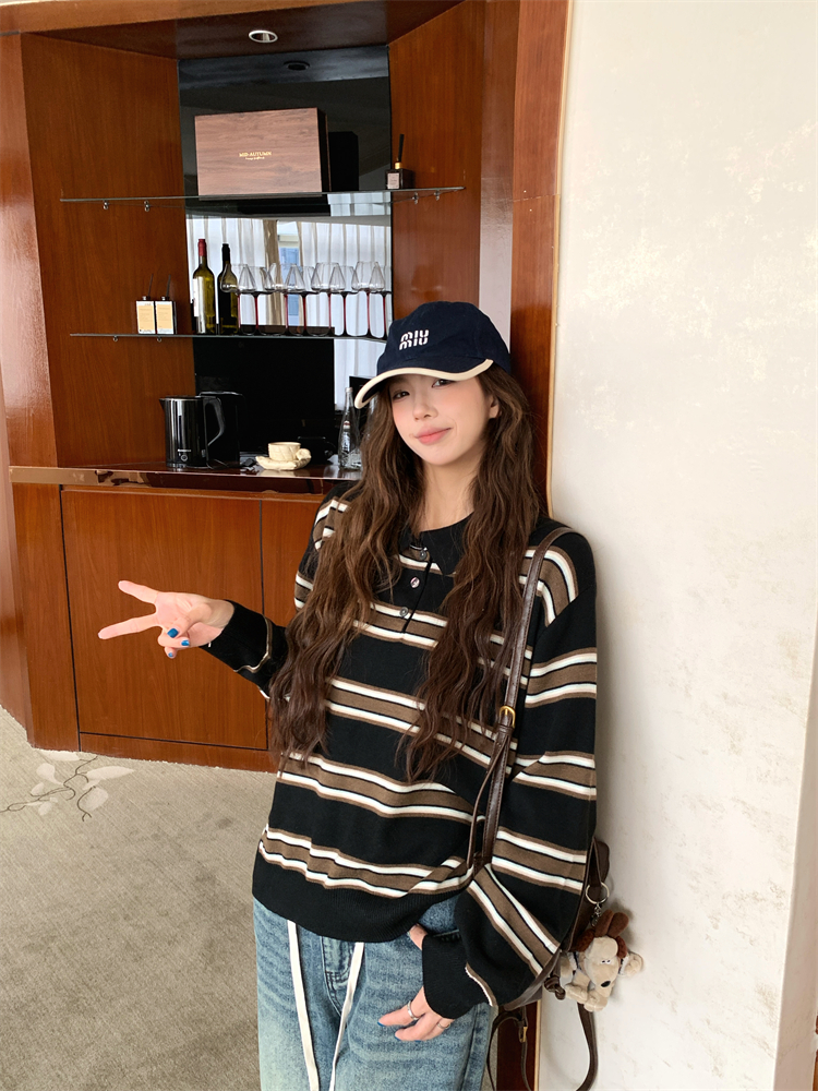 Large yard stripe autumn tops Korean style long sleeve sweater
