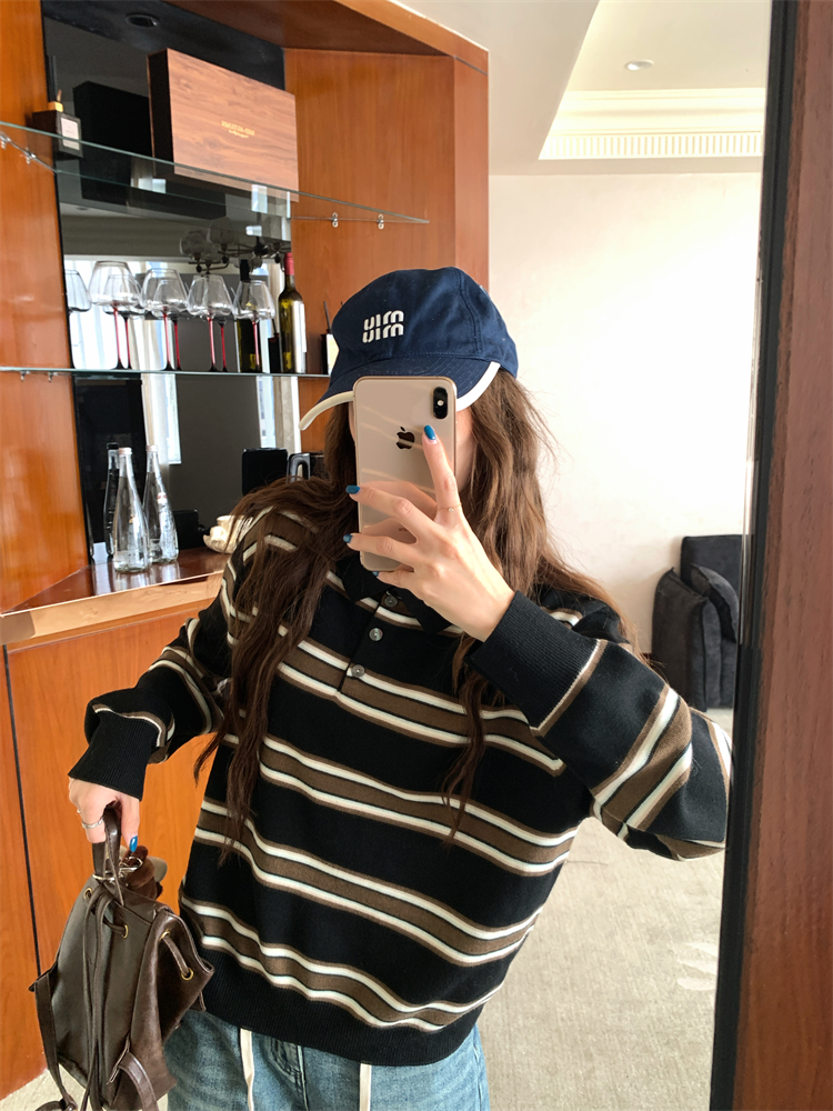 Large yard stripe autumn tops Korean style long sleeve sweater