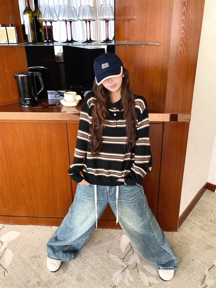 Large yard stripe autumn tops Korean style long sleeve sweater