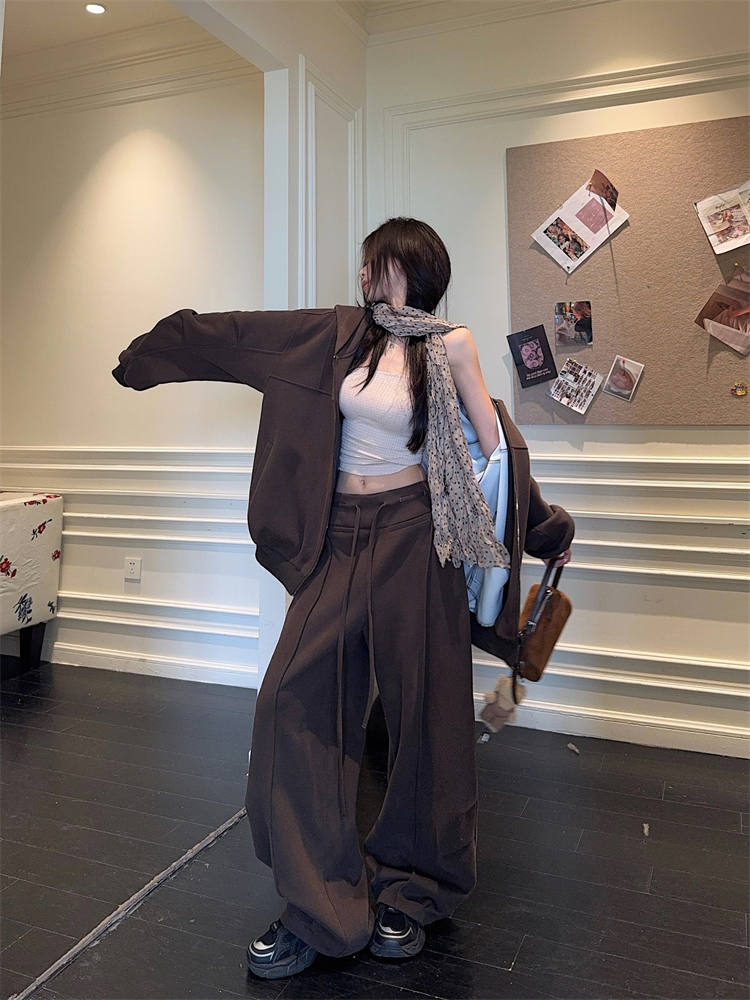 Lounger long sleeve slim hoodie loose large yard coat 2pcs set