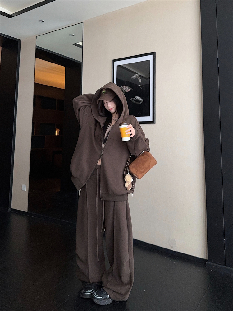 Lounger long sleeve slim hoodie loose large yard coat 2pcs set