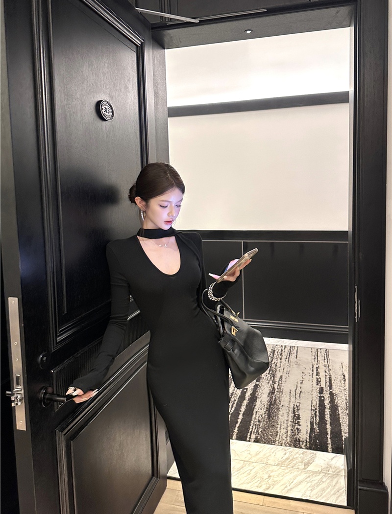 Knitted retro package hip dress slim V-neck long dress