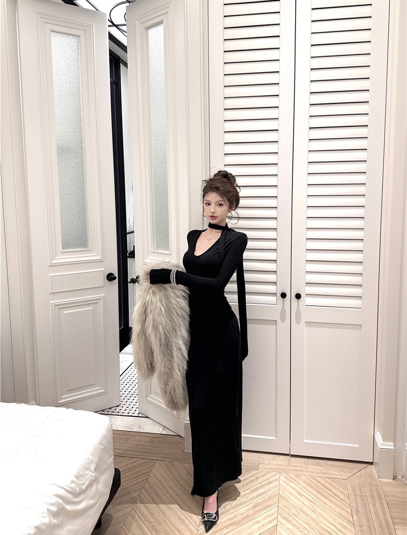 Knitted retro package hip dress slim V-neck long dress