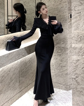 Slim retro dress lace pinched waist long dress