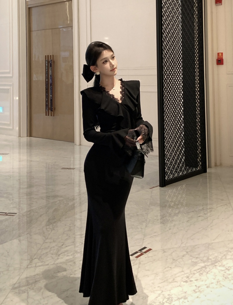 Slim retro dress lace pinched waist long dress