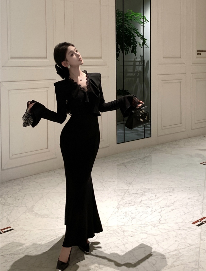 Slim retro dress lace pinched waist long dress