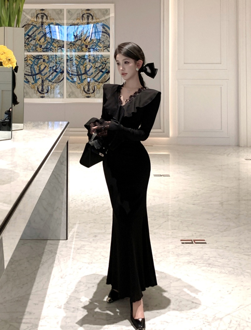 Slim retro dress lace pinched waist long dress