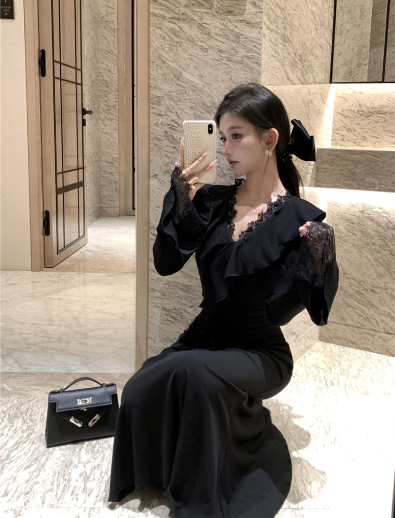 Slim retro dress lace pinched waist long dress