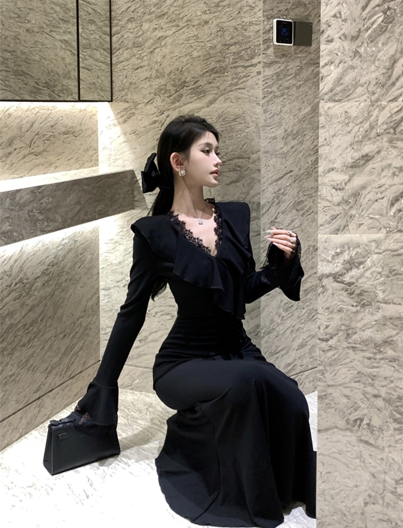 Slim retro dress lace pinched waist long dress