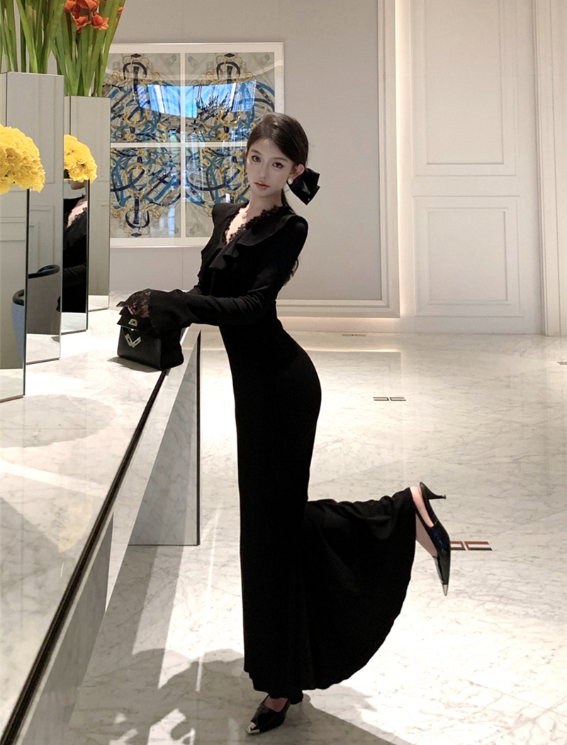 Slim retro dress lace pinched waist long dress