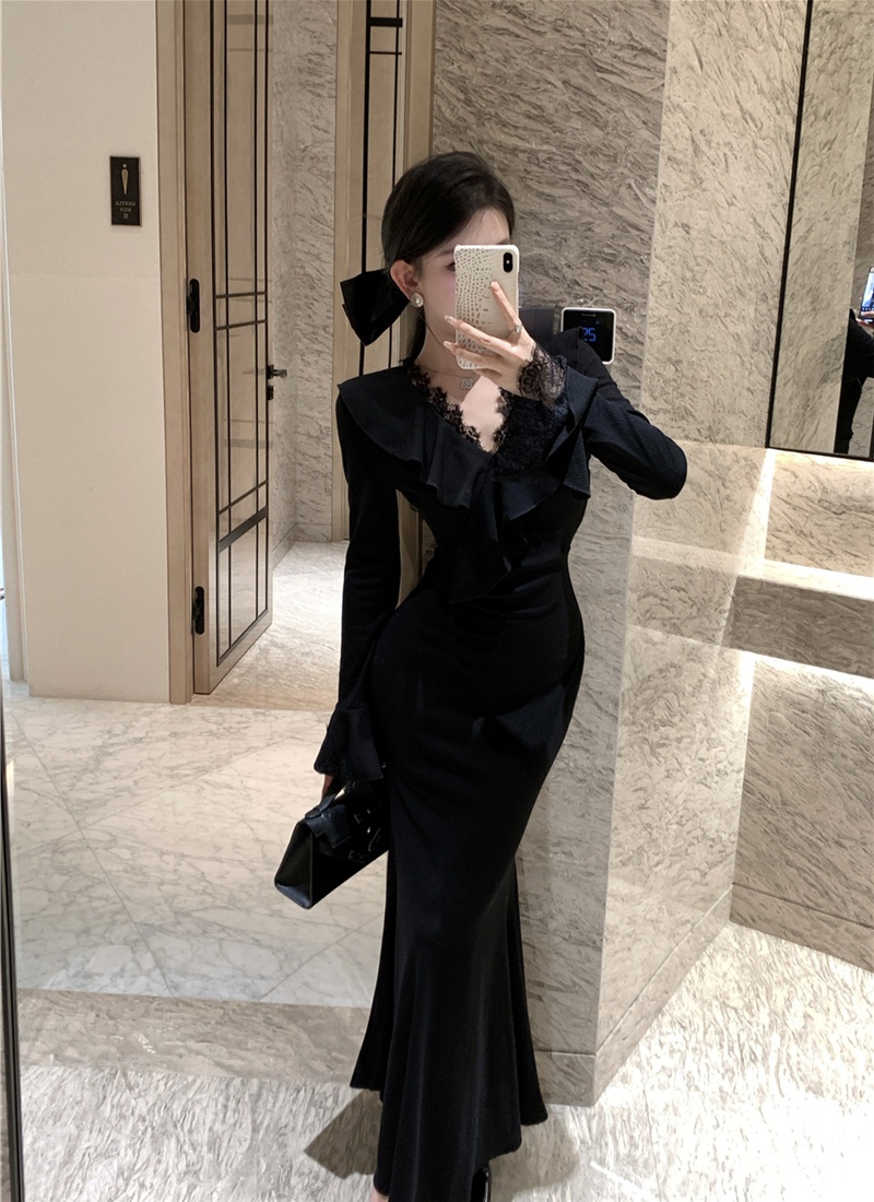 Slim retro dress lace pinched waist long dress