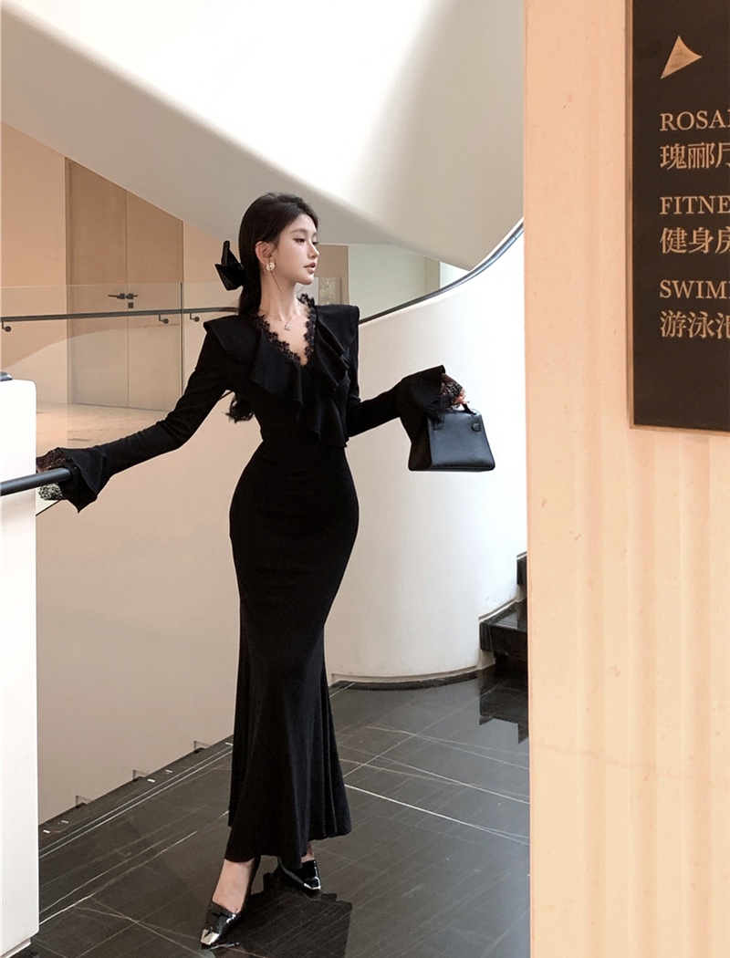 Slim retro dress lace pinched waist long dress