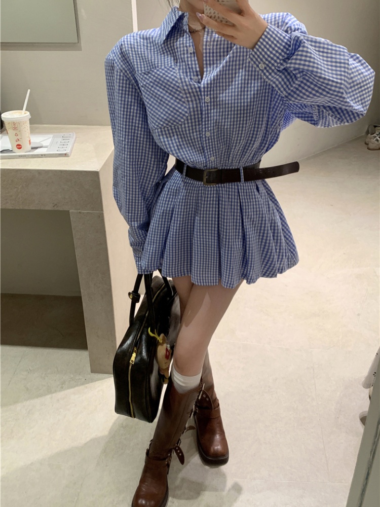Pinched waist blue-white dress shoulder pads shirt for women