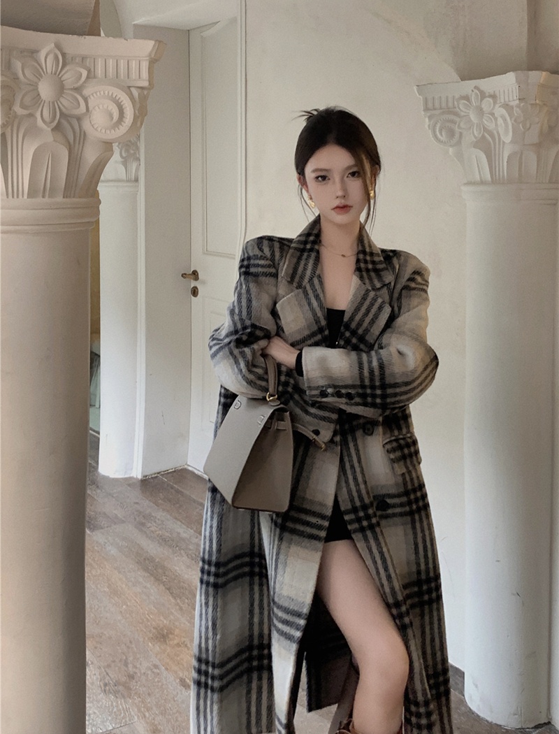 Plaid retro woolen coat long British style coat