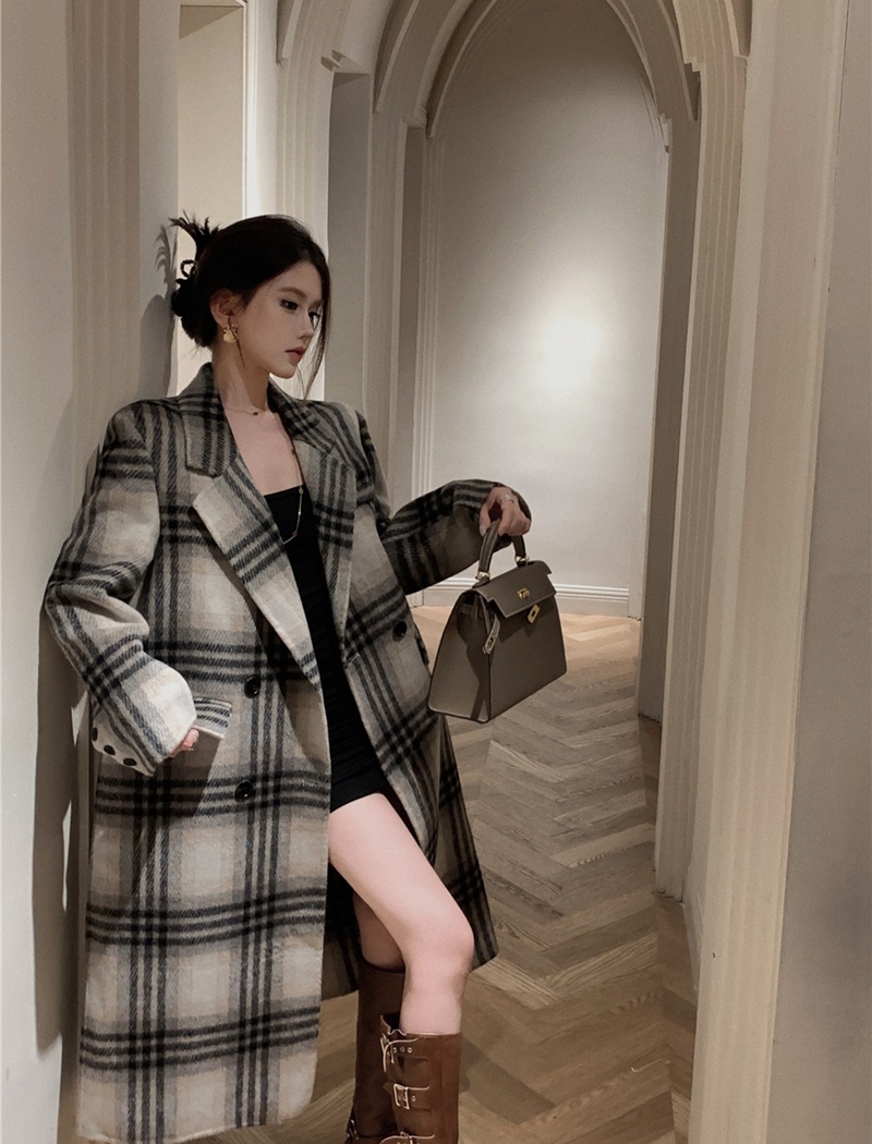 Plaid retro woolen coat long British style coat