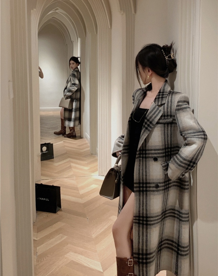 Plaid retro woolen coat long British style coat