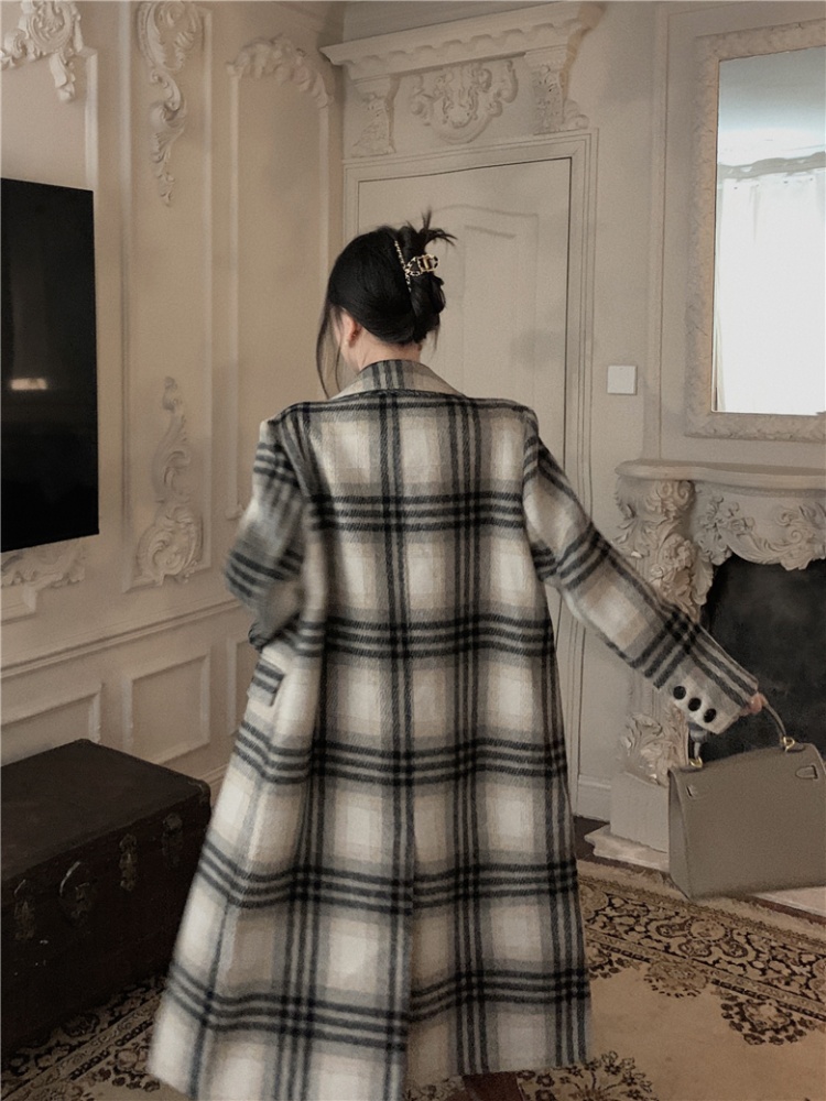Plaid retro woolen coat long British style coat