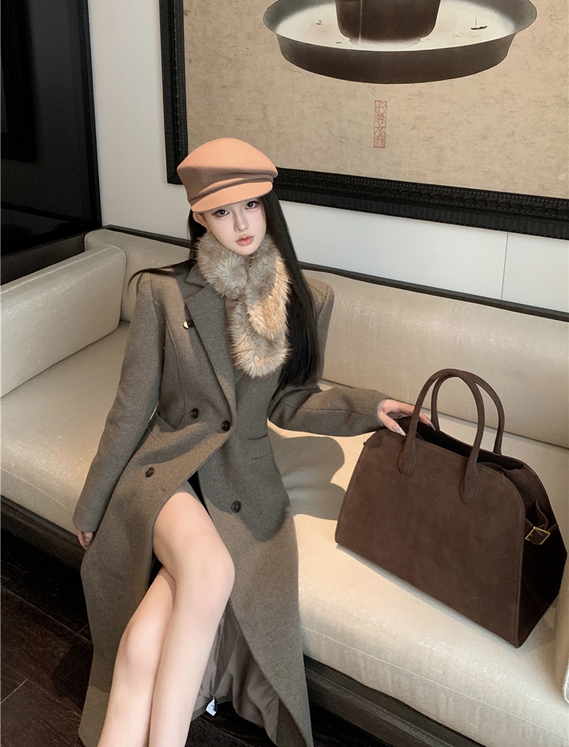 Woolen pinched waist overcoat retro plus cotton coat for women