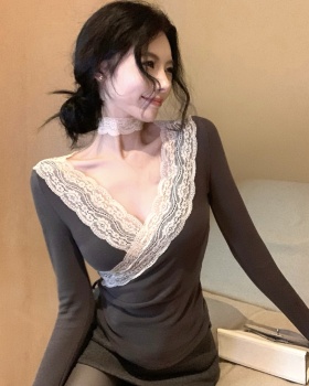 Slim retro sexy T-shirt lace V-neck enticement tops
