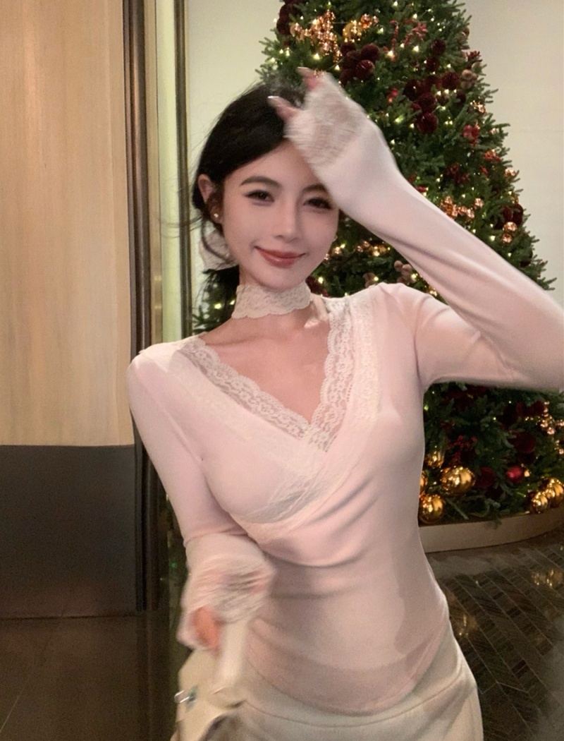 Slim retro sexy T-shirt lace V-neck enticement tops