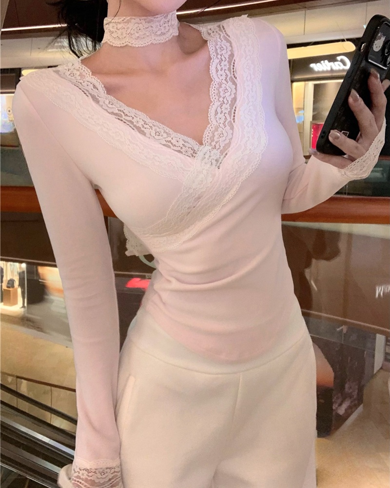 Slim retro sexy T-shirt lace V-neck enticement tops