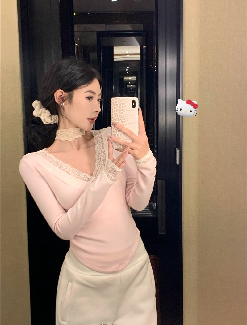 Slim retro sexy T-shirt lace V-neck enticement tops