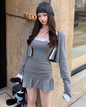 Package hip cardigan polka dot dress 2pcs set for women